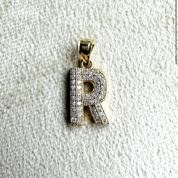 Jewelry - Solid 10k Gold Sparkling Pave Letter R Initial Pendant or Charm with CZ